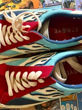 RAYE Red and Light Blue Low-Top Flame Detail Sneakers